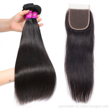 Grade 7A 9A Straight Remy Virgin Peruvian Human Hair Weaving 3Pcs 4Pcs Lot With 4X4 Silk Base Lace Closure